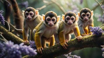 Four playful monkeys perched on a branch surrounded by vibrant flowers. photo