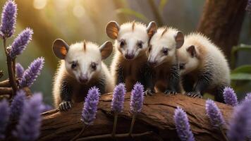 Four adorable marsupials playfully exploring a log surrounded by vibrant flowers. photo