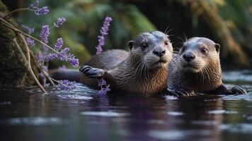 Two otters playfully interacting in a serene water setting surrounded by lush greenery. photo