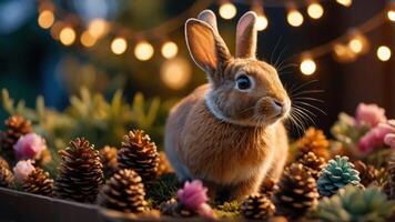 A cute rabbit surrounded by pine cones and flowers, illuminated by warm string lights. photo