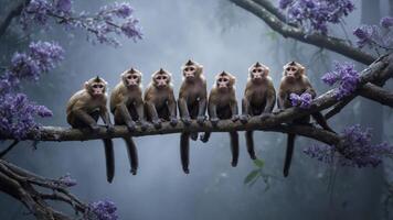 A group of eight monkeys sitting on a branch surrounded by purple flowers in a misty forest. photo