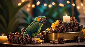 A vibrant parrot surrounded by pinecones and candles, creating a cozy atmosphere. photo