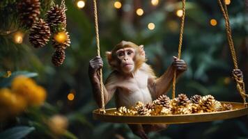 A monkey sits on a swing surrounded by pinecones and festive decorations. photo