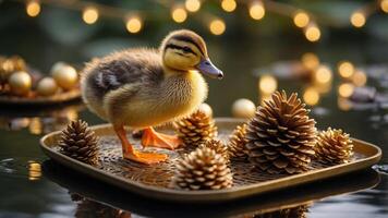 A duckling stands on a tray with pinecones, surrounded by soft lights reflecting in water. photo