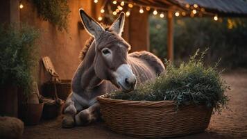 A donkey resting beside a basket of greenery in a warm, softly lit setting. photo