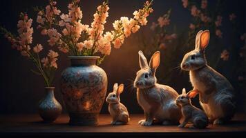 A serene still life featuring rabbits and blooming flowers in a warm, inviting setting. photo