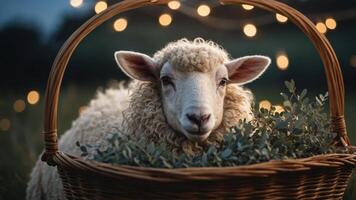 A sheep in a basket surrounded by greenery and soft lights, evoking a cozy atmosphere. photo