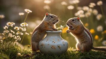 Two squirrels interacting with a decorative pot amidst a field of daisies. photo