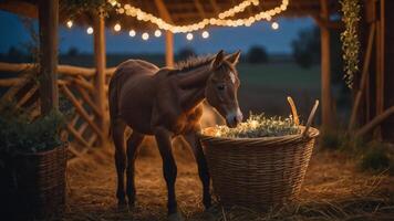 A horse in a softly lit barn, eating from a basket surrounded by warm fairy lights. photo