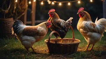 Three chickens near a basket illuminated by string lights in a nighttime setting. photo