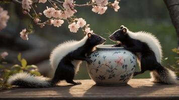 Two skunks curiously interact with a decorative vase surrounded by cherry blossoms. photo