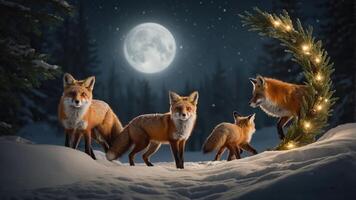 A serene winter scene featuring foxes under a full moon with decorative lights. photo