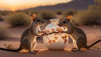 Two small animals interact with a vase and flowers in a serene desert setting at sunset. photo