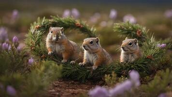 Three squirrels sitting in a wreath surrounded by flowers in a natural setting. photo