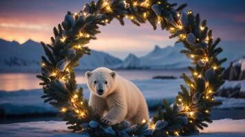 A polar bear framed by a festive wreath with lights in a snowy landscape. photo