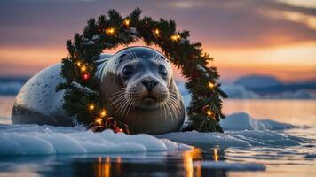 A seal adorned with a festive wreath and lights, set against a beautiful sunset backdrop. photo