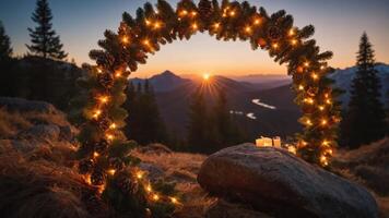 A scenic sunset framed by a pine wreath with lights and candles, creating a serene atmosphere. photo