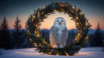 A snowy owl perched in a decorative wreath, illuminated by soft lights against a twilight sky. photo