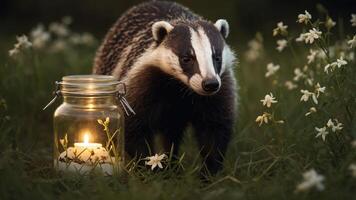 A badger stands near a lit candle in a jar amidst flowers in a serene setting. photo