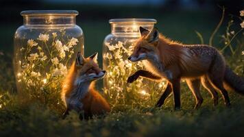 Two foxes play near glowing jars filled with flowers and lights in a serene outdoor setting. photo