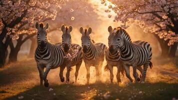 A group of zebras running through a cherry blossom grove at sunset, creating a serene scene. photo