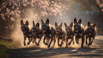 A group of dogs running joyfully along a path, surrounded by blooming trees. photo