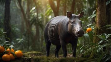 A tapir in a lush forest setting, curiously interacting with oranges on the ground. photo