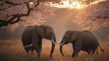 Two elephants playfully interacting under cherry blossom trees at sunset. photo
