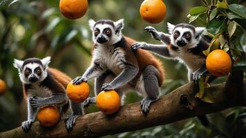 Three playful lemurs interacting with oranges on a tree branch in a lush environment. photo
