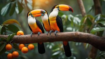 Three colorful toucans perched on a branch amidst lush greenery and oranges. photo