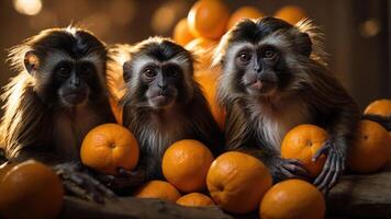 Three monkeys sitting among oranges, creating a playful and vibrant scene. photo