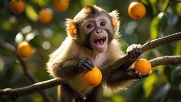 A playful monkey sitting on a branch, holding oranges amidst lush greenery. photo
