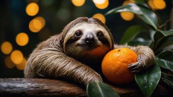 A sloth resting with an orange, surrounded by greenery and soft lights. photo