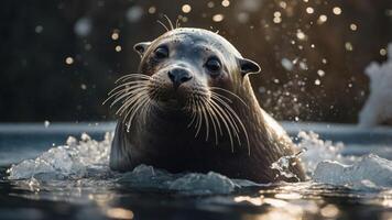 un curioso sello salpicaduras en el agua, exhibiendo sus juguetón naturaleza y bigotes. foto