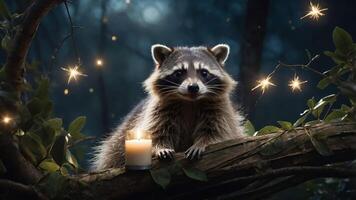 A raccoon perched on a branch beside a glowing candle in a mystical forest setting. photo