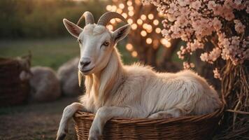 A serene goat resting in a woven basket surrounded by cherry blossoms and soft lights. photo