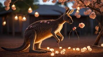 A kangaroo surrounded by flowers and lights, creating a whimsical and serene atmosphere. photo