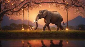 An elephant walks under cherry blossoms at sunset, with heart-shaped decorations and a serene lake. photo