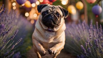 A playful pug runs through a lavender field adorned with colorful lanterns. photo