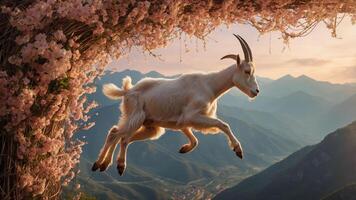 A goat leaps through a floral arch against a mountainous sunset backdrop. photo