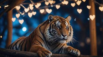A majestic tiger rests under heart-shaped lights, creating a serene and enchanting atmosphere. photo