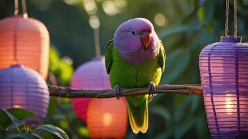 A colorful parrot perched on a branch surrounded by glowing lanterns in a serene setting. photo