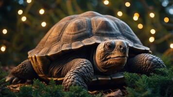 A close-up of a turtle amid greenery and soft lights, showcasing its textured shell. photo