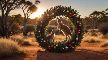 Kangaroos framed by a festive wreath in a sunlit Australian landscape. photo