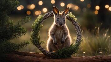A kangaroo poses playfully within a wreath, surrounded by soft bokeh lights in nature. photo