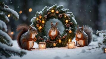 Three squirrels gathered around a festive wreath in a snowy forest setting. photo