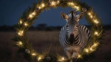 A zebra framed by a festive wreath illuminated with lights in a natural setting. photo