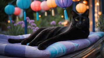 A black cat lounging on a colorful cushion surrounded by lanterns and plants. photo