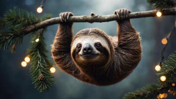 A sloth hanging from a branch adorned with lights in a serene forest setting. photo