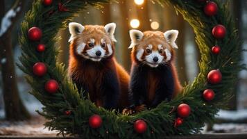 Two red pandas framed by a festive wreath with ornaments in a snowy forest setting. photo